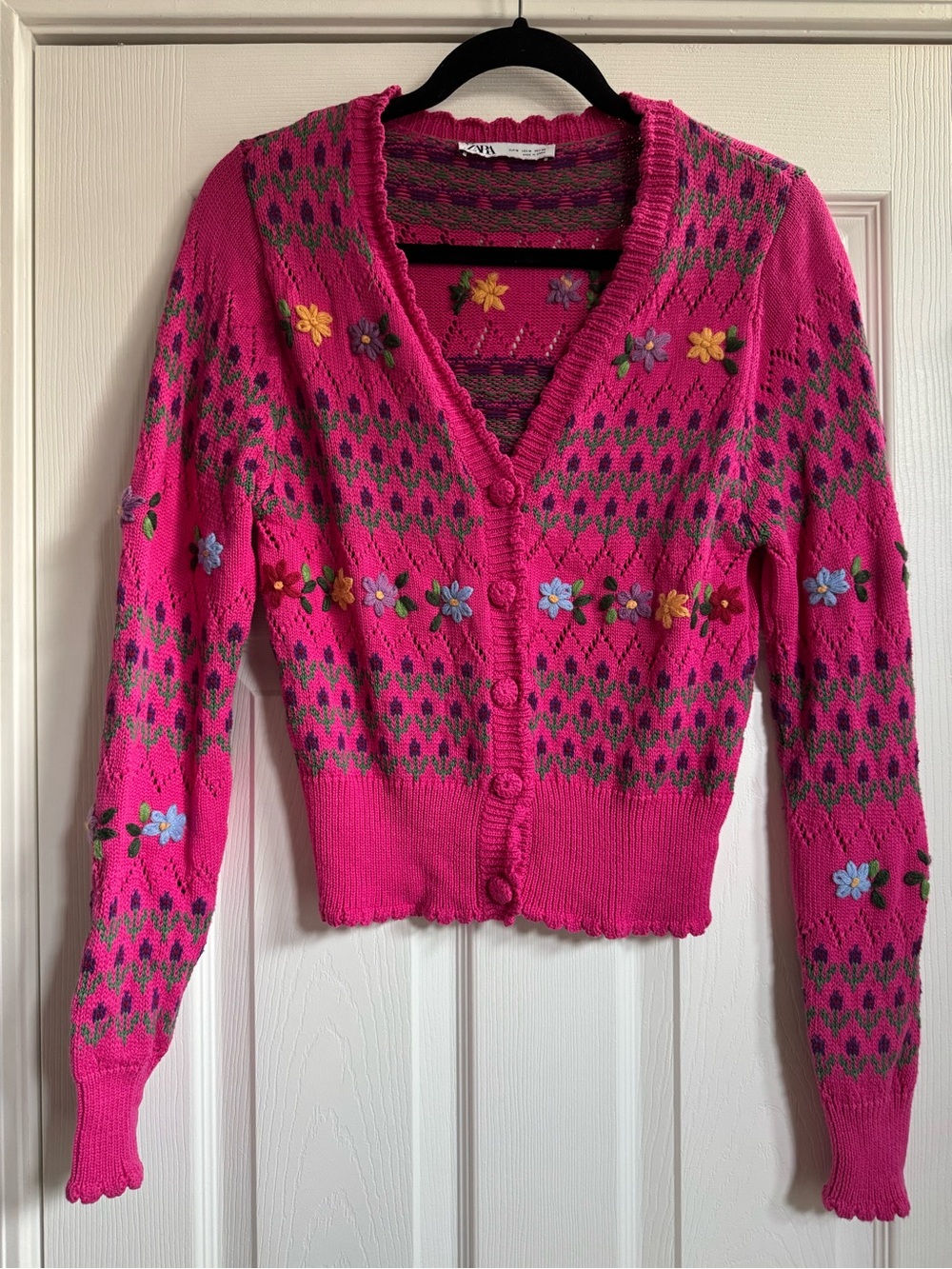 Zara Pink Floral knitted V‑Neck Cotton Cardigan